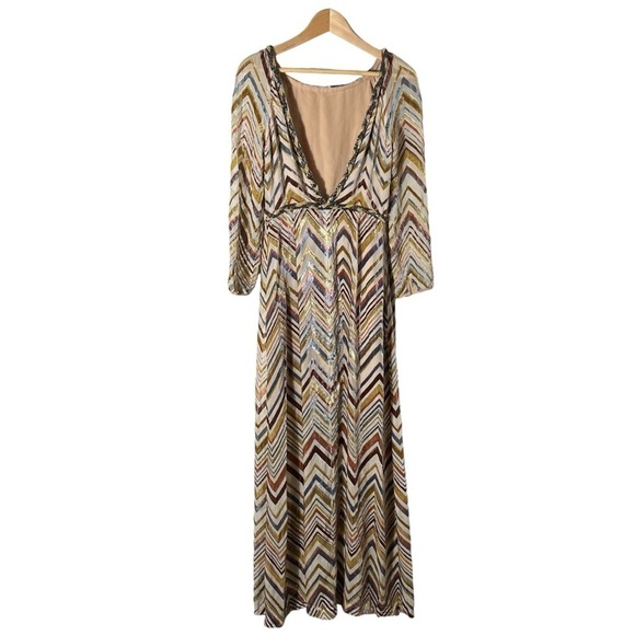 FREE PEOPLE *Ultra RARE* Beaded Velvet Chevron Long Sleeve Maxi Dress - Picture 3 of 14